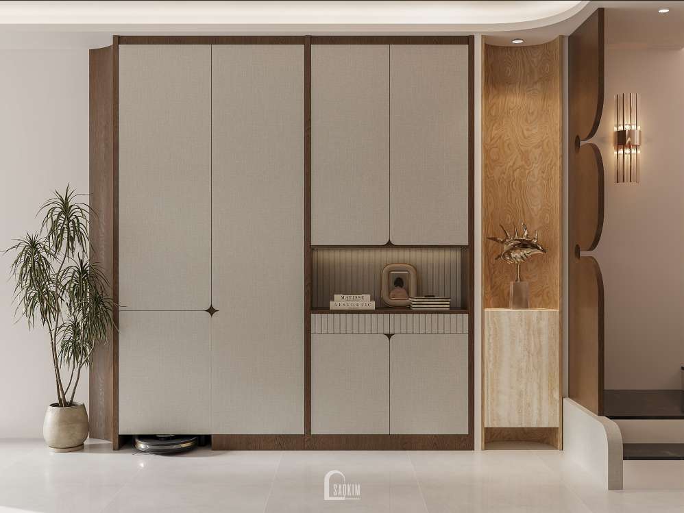 Không gian khu vực tủ giày tại thiết kế nhà phố Long Biên House phong cách Wabi Sabi
